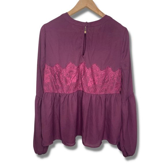 Halogen | Long Sleeve Burgundy Blouse with Lace Details | Size L - Picture 5 of 10